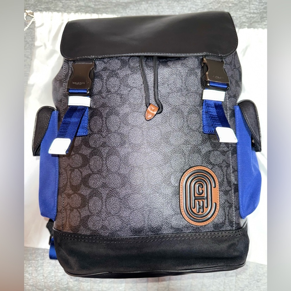 Coach Black and Blue Backpack with Signature Monogram and Modern Design